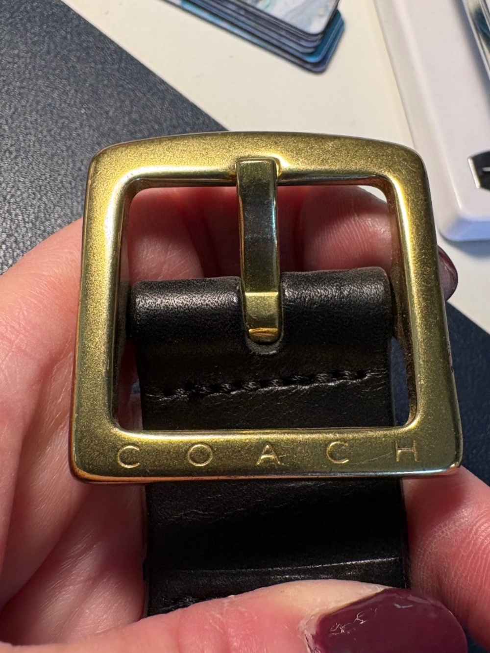 Coach Ladies Brass Buckle Black Leather Belt- size Large